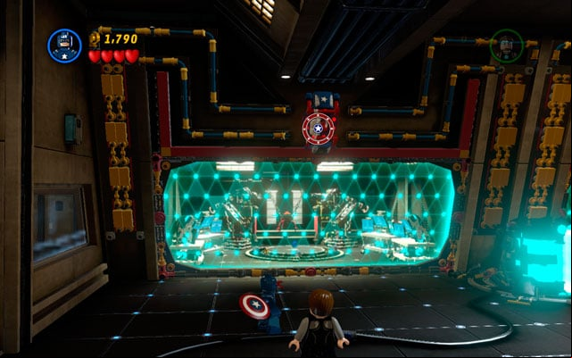 After the beginning of the mission toss Captain Americas shield at the patriotic located above - Rebooted, Resuited | Walkthrough - Walkthrough - LEGO Marvel Super Heroes Game Guide & Walkthrough