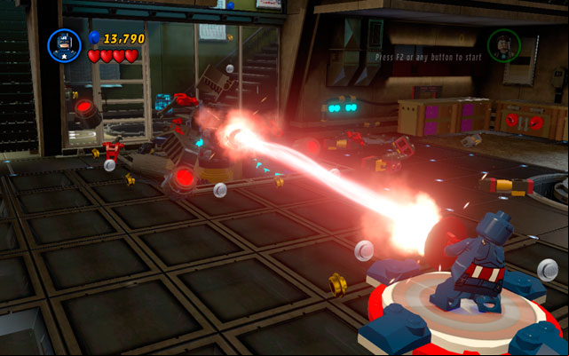 On the other side of the corridor, concentrate enemys fire on Captain America - cover yourself behind the shield and stand on the on the right - Rebooted, Resuited | Walkthrough - Walkthrough - LEGO Marvel Super Heroes Game Guide & Walkthrough