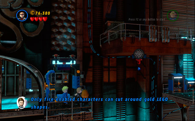 Switch into Hawkeye and shoot an arrow at the red attachable point, located on the platform on the right - Red Head Detention | Walkthrough - Walkthrough - LEGO Marvel Super Heroes Game Guide & Walkthrough