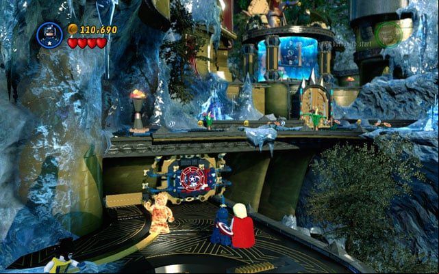 In next location defeat all frost giants, then melt a golden monument with a fire beam - Bifrosty Reception | Walkthrough - Walkthrough - LEGO Marvel Super Heroes Game Guide & Walkthrough