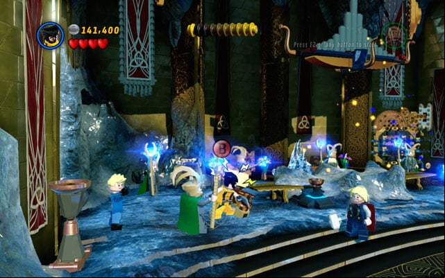 Defeat all giants, then head to the right side of the location, jumping from the one flower to the another - Bifrosty Reception | Walkthrough - Walkthrough - LEGO Marvel Super Heroes Game Guide & Walkthrough