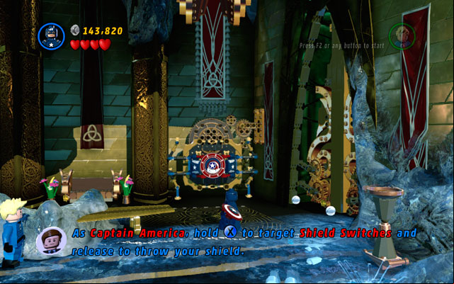 Wait for Loki to escape, then build a shield switch and toss Captains shield at it - Bifrosty Reception | Walkthrough - Walkthrough - LEGO Marvel Super Heroes Game Guide & Walkthrough