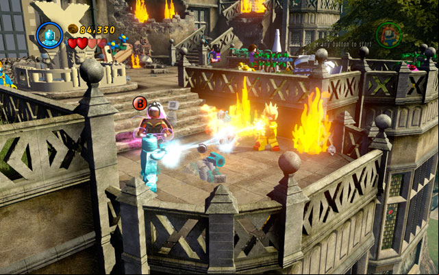 Head to the right side of the location struggling with enemies, so you can meet Iceman who is fighting with Pyro - Juggernauts and Crosses | Walkthrough - Walkthrough - LEGO Marvel Super Heroes Game Guide & Walkthrough