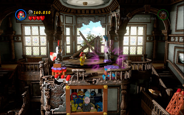 In the next room defeat all thugs, then switch into Storm and fly on the stairs on the right side of the room, extinguishing the fire in that way - Juggernauts and Crosses | Walkthrough - Walkthrough - LEGO Marvel Super Heroes Game Guide & Walkthrough