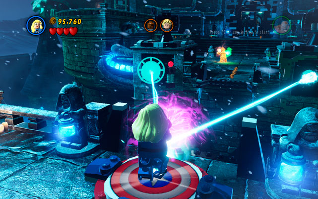 Choose the Thing and lift up a crate with green handles (it is standing on the right side of the roof), then throw it at the pillar on the opposite side of the gap - Doctor in the House | Walkthrough - Walkthrough - LEGO Marvel Super Heroes Game Guide & Walkthrough