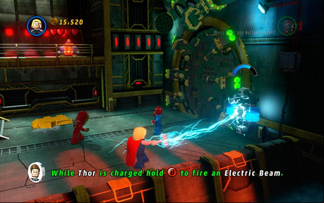 Jump down and approach to the burning barrels - That Sinking Feeling | Walkthrough - Walkthrough - LEGO Marvel Super Heroes Game Guide & Walkthrough