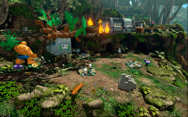 Head to the right, looking for the fallen tree - clean it from the bushes, uncovering two handles in that way - Rapturous Rise | Walkthrough - Walkthrough - LEGO Marvel Super Heroes Game Guide & Walkthrough