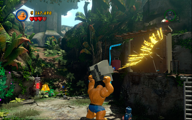 Choose the Thing and lift a rock with green handles attached to it, then throw it at the enemies - Rapturous Rise | Walkthrough - Walkthrough - LEGO Marvel Super Heroes Game Guide & Walkthrough