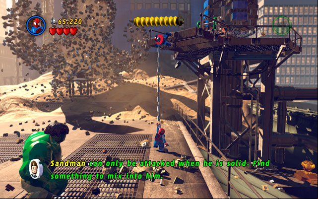 On the right side of the location you will find a blue-red - use it with Spider-Man, to make a rope - Sandman | Boss fights - Boss fights - LEGO Marvel Super Heroes Game Guide & Walkthrough