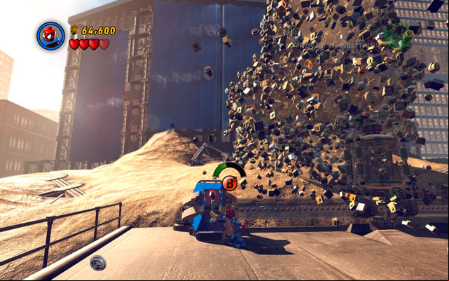 Approach blue-red on the left with Spider-Man and use spiders web to unlock a switch - Sandman | Boss fights - Boss fights - LEGO Marvel Super Heroes Game Guide & Walkthrough