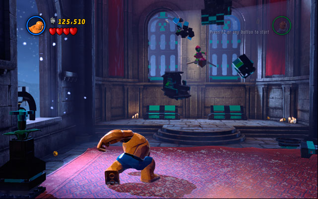 Kill all minions, then go to the central part of the arena and turn to the left - Green Goblin | Boss fights - Boss fights - LEGO Marvel Super Heroes Game Guide & Walkthrough