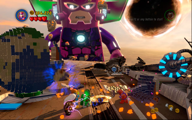 Use Cyclops laser ray to melt golden bricks lying on the left side, then build another part of the planet from the remains - Galactus | Boss fights - Boss fights - LEGO Marvel Super Heroes Game Guide & Walkthrough