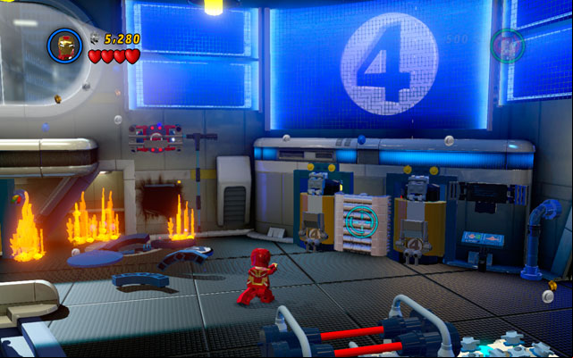In the same room turn right and use Iron Mans rockets to destroy silver bars located there - Times Square Off | Minikit Sets - Minikit Sets - LEGO Marvel Super Heroes Game Guide & Walkthrough
