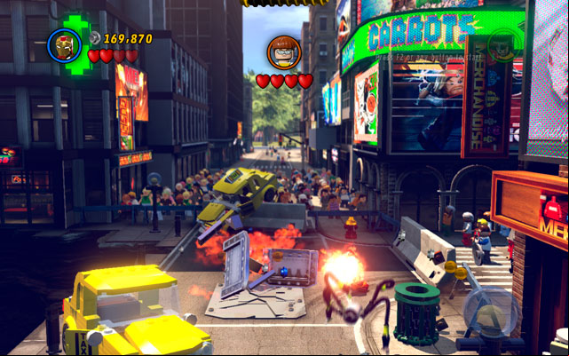 Go to the opposite corner of the arena and look for the silver car - Times Square Off | Minikit Sets - Minikit Sets - LEGO Marvel Super Heroes Game Guide & Walkthrough