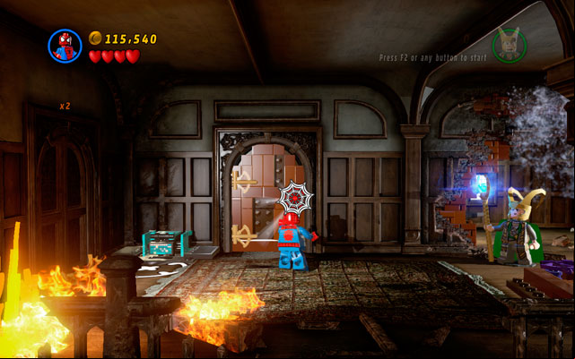 In new room choose Spider-Man and shoot your web at attachable point located on the door - Juggernauts and Crosses | Minikit Sets - Minikit Sets - LEGO Marvel Super Heroes Game Guide & Walkthrough