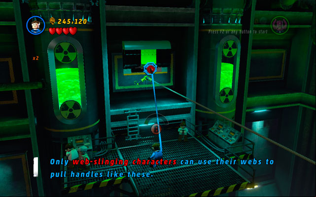 Stand between two rotating, electric machines, then fly up and head to the interior of the stage (as the rope in the middle shows) - Taking Liberties | Minikit Sets - Minikit Sets - LEGO Marvel Super Heroes Game Guide & Walkthrough