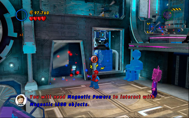 In the same place choose Spider-Man and use spider sense to uncover a age to the upper floor - Magnetic Personality | Minikit Sets - Minikit Sets - LEGO Marvel Super Heroes Game Guide & Walkthrough