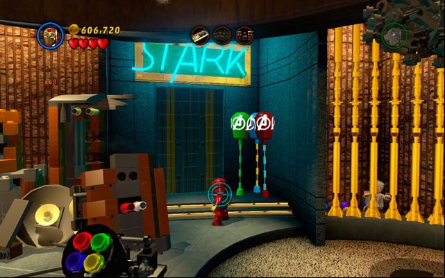 Turn right and look for the STARK neon, then destroy it - House Party Protocol | Maps - Maps - LEGO Marvel Super Heroes Game Guide & Walkthrough