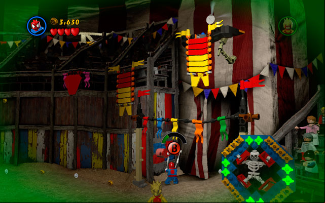 Switch into Spider-Man and go to the right side of the arena using your sixth sense - Stunt Show Surprise | Deadpool Bonus Missions: Collectables - Deadpool Bonus Missions: Collectables - LEGO Marvel Super Heroes Game Guide & Walkthrough
