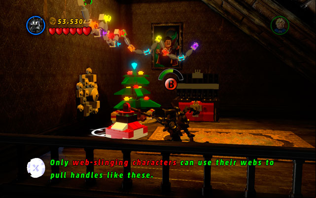 Choose any character with a web attack, then pull the attachable point to obtain the Fast Build Deadpool Brick - Stranger Danger | Deadpool Bonus Missions: Collectables - Deadpool Bonus Missions: Collectables - LEGO Marvel Super Heroes Game Guide & Walkthrough