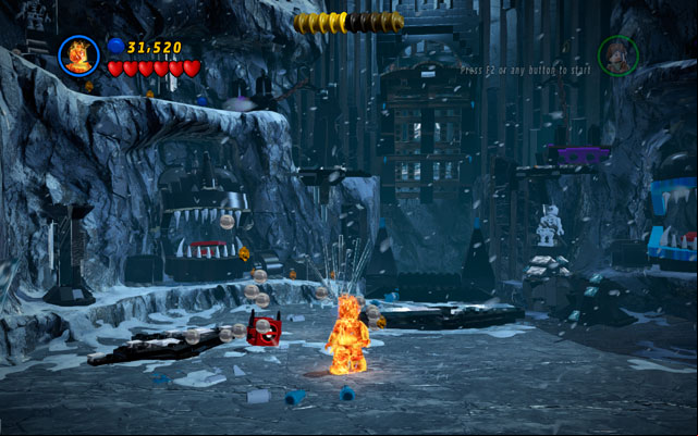 To find Mini Characters Deadpool Brick, you must melt down the wall placed in the centre of the location (near to the gate where Heimdall is imprisoned) - Bro-tunheim | Deadpool Bonus Missions: Collectables - Deadpool Bonus Missions: Collectables - LEGO Marvel Super Heroes Game Guide & Walkthrough