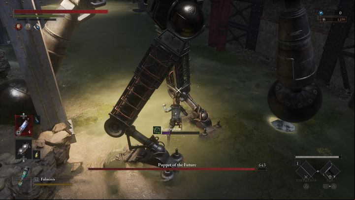However, if you stand under it for too long, it will lean on its arms, raise its legs and hit the ground, creating a shockwave over a small area - Lies of P: How to defeat the Puppet of the Future boss? - Sidebars - Lies of P Guide