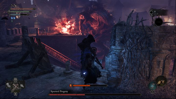 Spurned Progeny can also create a fireball, which will generate a fiery wave when it collides with the ground - Lords of the Fallen: How to beat Spurned Progeny boss? - Main - Lords of the Fallen Guide