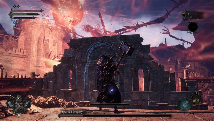 The boss's most dangerous attack is creating a huge fireball that explodes after a certain amount of time - Lords of the Fallen: How to beat Spurned Progeny boss? - Main - Lords of the Fallen Guide