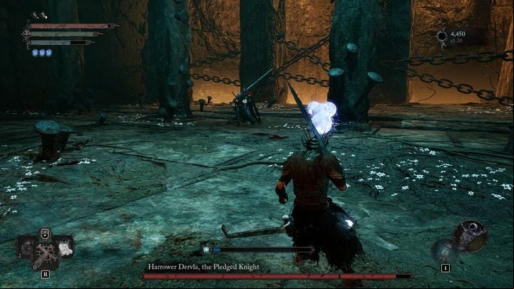When you get close to the boss as she fires the crossbow, she will lunge backwards and fire a few arrows - Lords of the Fallen: How to defeat Harrower Dervla, the Pledged Knight boss? - Main - Lords of the Fallen Guide