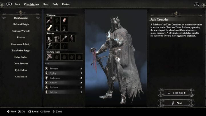 Dark Crusader can be surmised as a type of paladin that wears heavy armor and by default uses his long sword for combat - Lords of the Fallen: All Secret Character Classes - Basics - Lords of the Fallen Guide