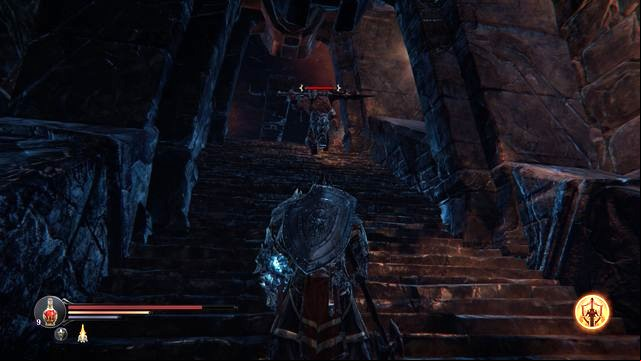 The Tyrant is waiting at the top of the stairs. Get around him and enter the room quickly. Then, climb another stairs, where you find his heart. - Find Antanas and Kaslo at the Monastery Citadel | The Temple - The Temple - Lords of the Fallen 2014 Game Guide & Walkthrough