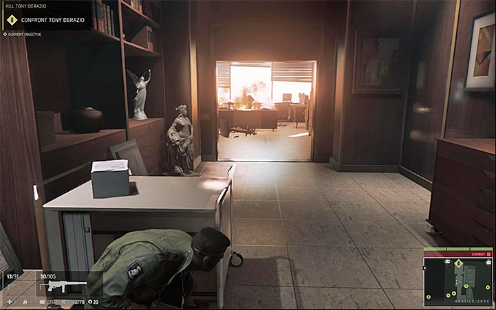 You should throw a grenade or a Molotovs cocktail into Tonys office - Kill Tony Derazio (murdering Tony Derazio) | Walkthrough - Story missions - Mafia III Game Guide