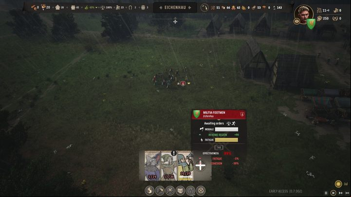 To view the requirements for establishing a militia unit, click on the crossed swords icon which is named "Army" from the at the bottom of the screen - Manor Lords: How to recruit military units? - FAQ - Manor Lords Guide