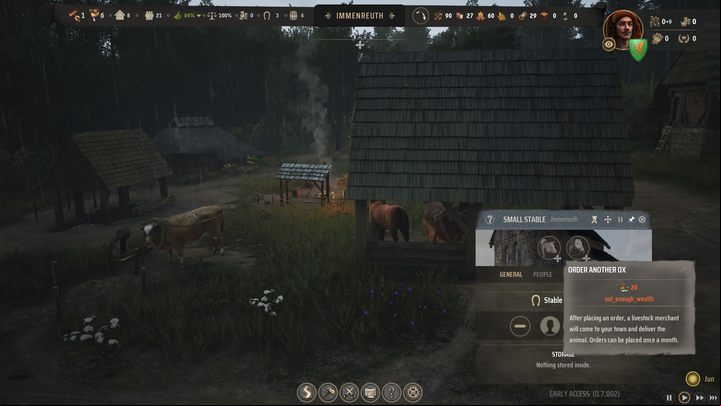 The ox, in breaks between tasks, stays bound to a Hitching Post - Manor Lords: How to manage villagers? - FAQ - Manor Lords Guide