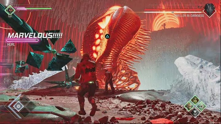 Keep throwing the bombs until the Dweller in Darkness loses his entire health and gets staggered - Guardians of the Galaxy: Dweller-In-Darkness - how to defeat? - Bosses - Guardians of the Galaxy Guide