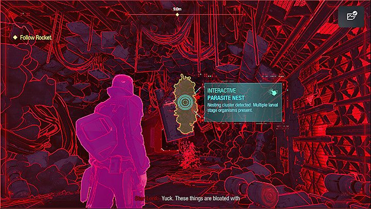 You'll reach the barricade and learn about the possibility of destroying parasites - you'll be using your blasters to do so, this ability will come in handy later on to find collectibles, loot or secret ageways - Guardians of the Galaxy: Prologue and Chapter 1 - walkthrough - Solucja - Guardians of the Galaxy Guide