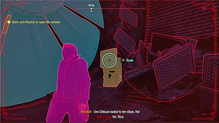 After reaching the turbine blocking the way forward you must test another interaction - sending Rocket into the ventilation shaft - Guardians of the Galaxy: Prologue and Chapter 1 - walkthrough - Solucja - Guardians of the Galaxy Guide