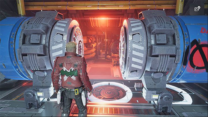 You'll reach the damaged door, having to squeeze through a narrow age to the right - Guardians of the Galaxy: Chapter 7 - walkthrough - Walkthrough - Guardians of the Galaxy Guide