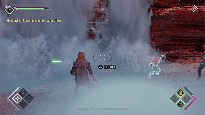 Time for the second hole - behind the waterfall - Guardians of the Galaxy: Chapter 10 - walkthrough, solution - Walkthrough - Guardians of the Galaxy Guide