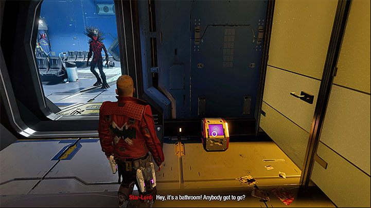 The side room turns out to be a bathroom and you will find a crate containing the secret - Guardians of the Galaxy: Chapter 5 - all secrets/collectibles, list - Secrets and Finds - Guardians of the Galaxy Guide