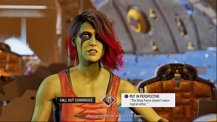 When faced with the third choice, select the right dialog option - Put in Perspective - Guardians of the Galaxy: Important choices - Chapter 9 - Important choices - Guardians of the Galaxy Guide