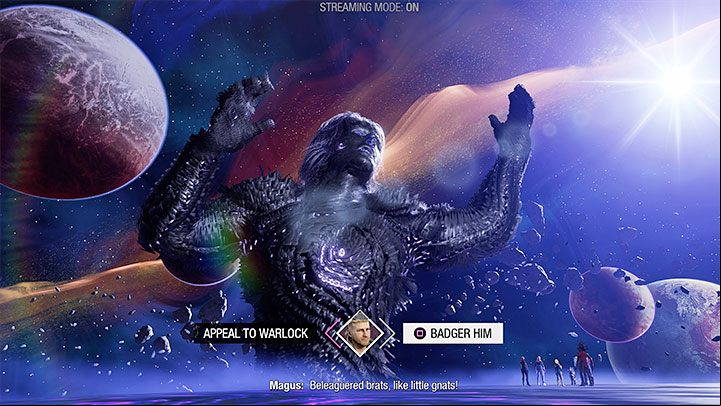 With the second choice, decide on right dialog option - Badger Him - Guardians of the Galaxy: Important choices - Chapter 16 - Important choices - Guardians of the Galaxy Guide