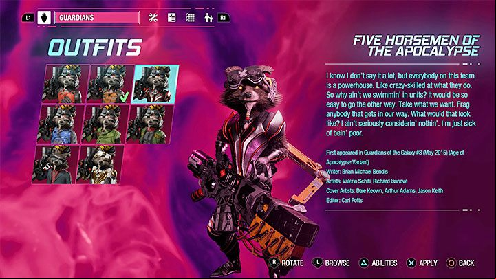 This outfit can be found as a secret in Chapter 4 - Guardians of the Galaxy: Rocket - outfits - Costumes - Guardians of the Galaxy Guide