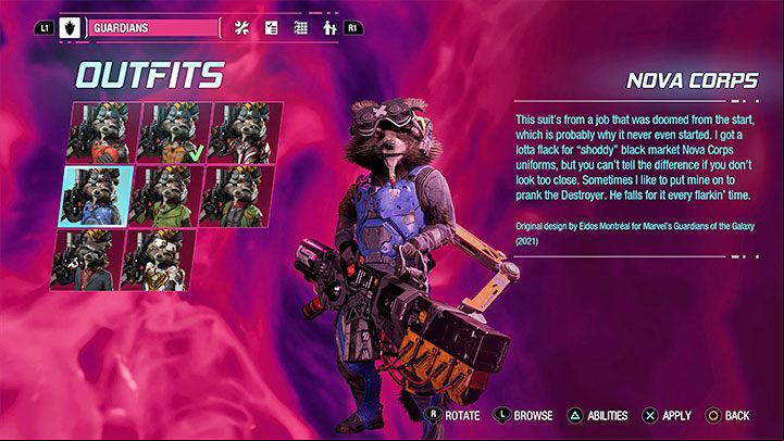 This outfit can be found as a secret in Chapter 7 - Guardians of the Galaxy: Rocket - outfits - Costumes - Guardians of the Galaxy Guide