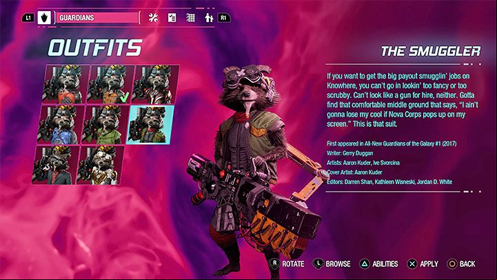 This outfit can be found as a secret in Chapter 12 - Guardians of the Galaxy: Rocket - outfits - Costumes - Guardians of the Galaxy Guide