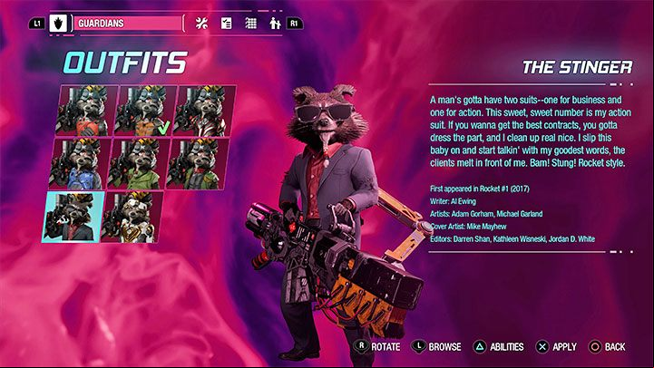 This outfit can be found as a secret in Chapter 13 - Guardians of the Galaxy: Rocket - outfits - Costumes - Guardians of the Galaxy Guide