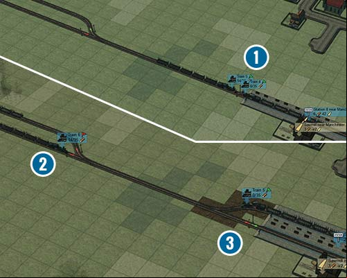 The two-directional semaphore at station (1) in the ing loop is a bad idea - Simple connections and stations | Building and management - Building and management - Mashinky Game Guide