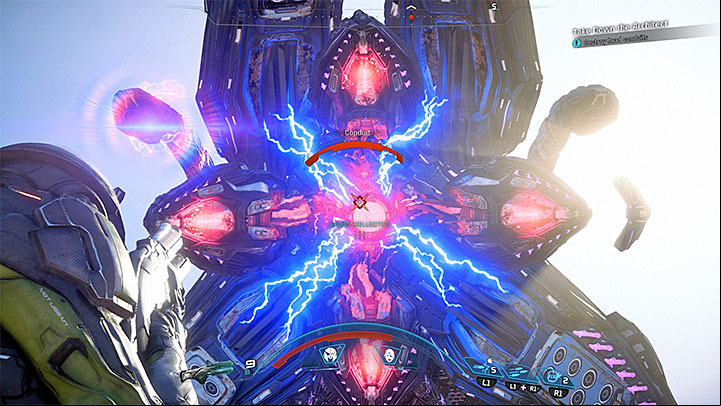 When it becomes possible , weaken the cables on the Architects head - Making An Impression | Eos side quests - Eos - Mass Effect: Andromeda Game Guide
