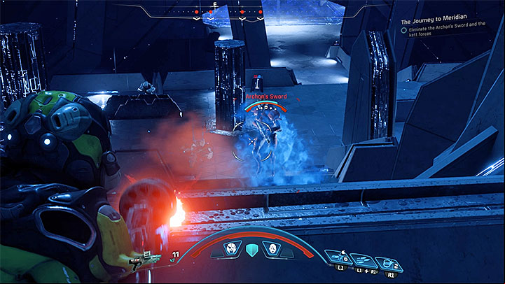 Focus your fire on the opponent, which will render him unable to apply the cloak - How to defeat the Archons Sword in Meridian? | Boss fights | Walkthrough - Boss battles - Mass Effect: Andromeda Game Guide