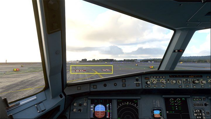 Stop just before entering the lane, which is a thicker line with a white-red lane code - Microsoft Flight Simulator: Taxiing and take-off of a enger aircraft - Example flight - Microsoft Flight Simulator 2020 Guide